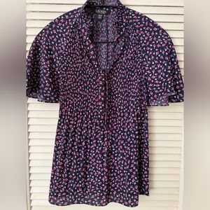 Ralph Lauren top navy blouse with pink rosebuds. butterfly sleeve xs
